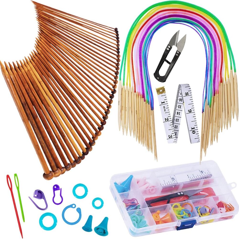 New Bamboo Knitting Needles Set, 18 Pairs Circular(31.5”) Wooden Knitting Needle